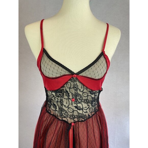 Vintage 80s Red Chiffon Lace Empire Waist Chemise S/M Stroke Of Midnight - Picture 3 of 12